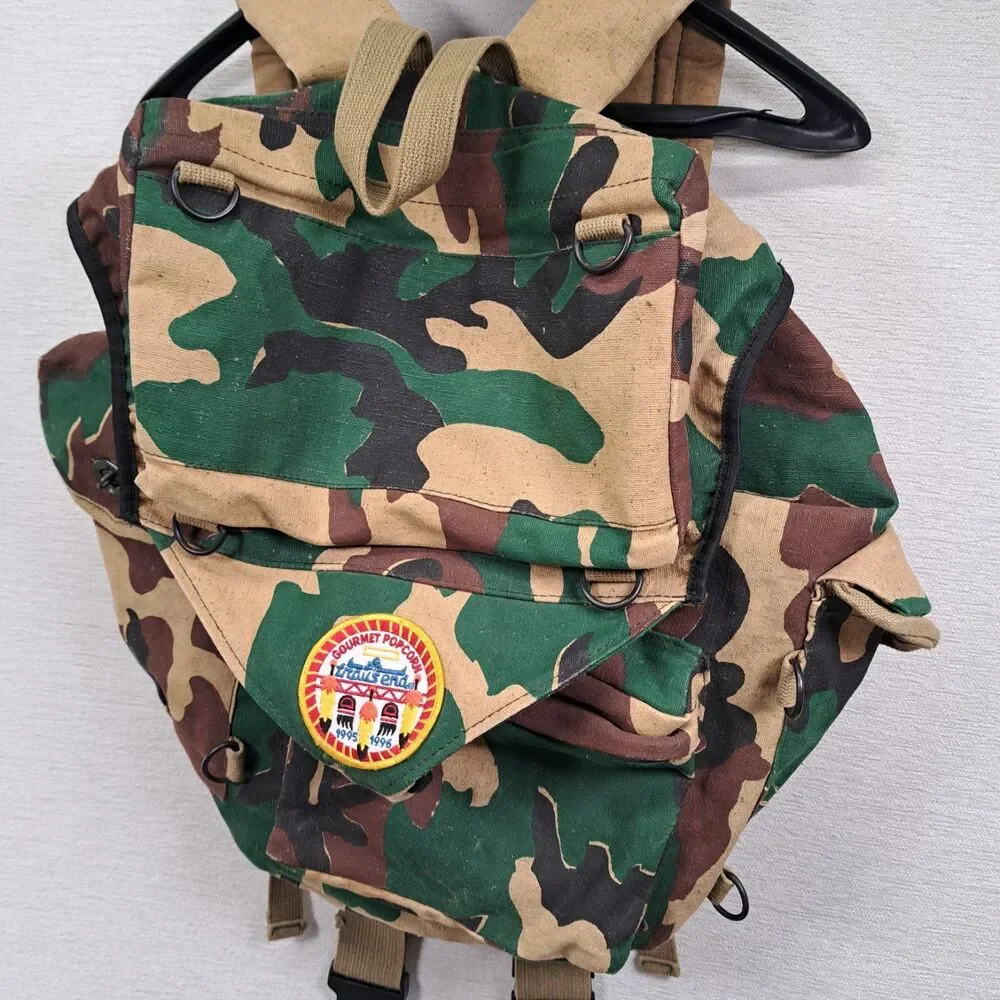 Woodland Camo Canvas Rucksack Backpack Vintage Scout Patch Gorpcore Daypack